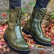 Women's Black Faux Leather Mid-Calf Boots with Front Zip and Lug Sole – Stylish and Durable Motorcycle Boots for Outdoor Wear