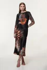 Petite Viscose Satin Long Sleeve Bias Cut Woven Midi Dress
