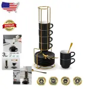 Dishwasher Safe Black Porcelain Espresso Cup Set with Stand & Spoons - 6 Count
