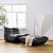 Fireside Togo Chair with Ottoman Lounge Chair with Footstool Chaise Lounge Lazy Bean Bag for Living Room, Bedroom, Salon, Office, with Black Microfiber Leather Cover