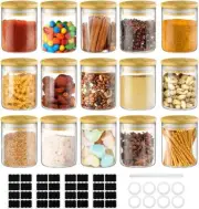 15 Glass Spice Jars with bamboo Lid label Seasoning Condiment Storage Bottle