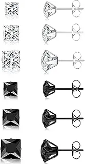 [ONESING] 6 Pairs Stud Earrings for Men Women, Stainless Steel 3-4-5mm Hypoallergenic Cubic Zirconia Earrings Studs Silver/Black Cartilage Helix Tragus Earring Set for Multiple Piercing