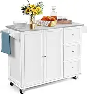 Giantex Kitchen Rolling Cart, Mobile Serving Cart, Kitchen Island w/Stainless Steel Countertop, 3 Drawers, 2-Door Cabinet, Adjustable Shelves, Towel Holder & Spice Rack (White)