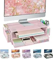 AUPSEN Computer Monitor Stands with Drawers and 2 Pen Holder, Desk Accessories & Workspace Desk Organizers, Monitor Stand for Computer, Laptop, Printer, Office Supplies(Pink)