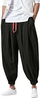 Men Linen Baggy Harem Pants Cotton Lightweight Wide Leg Drop Crotch Trousers Solid Color Oversized Tapered Pants