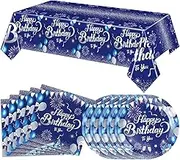 41 PCS Blue Birthday Decorations Blue and Silver Theme Tableware Sets Included Navy Blue Party Plates and Napkins Tablecloth for Men Women Birthdays Anniversary Decoration Favors