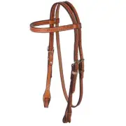Western Natural Leather Shaped Bowband Style Headstall with Hand Tooling