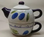 TOGO Single Teapot & Cup Set featuring Berries & Leaves Purple Blue Green NWOT