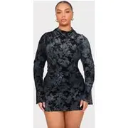 Plus Black Devore Flute Sleeve Mini Dress, Black