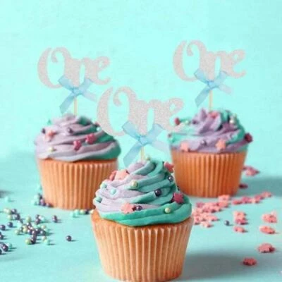 1st Birthday 12pcs ONE Cupcake Toppers Cup Cake Decoration With Bows 1 Birthday