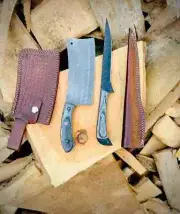 Custom Handmade Forged pair of cleaver and fillet knife with leather sheath Gift