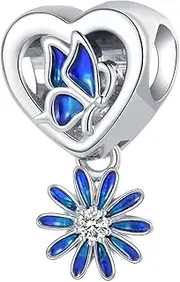 [LSxAB] Blue Butterfly Flower Charm Compatible Pandora Charm Bracelet Women Butterflies Love Heart Garden Girls Anniversary Birthday, No Gemstone