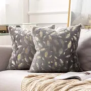 2x Square Throw Pillows Decorative Faux Fur Gold Feathers Gilding Leaves Cushion Cases Soft Fluffy(Inserts + Pillow Covers,Grey)