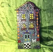 Handmade Glass, Tile, Pebble Mosaic : House With Cat And Dog Artwork