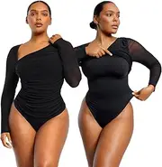 [SHAPELLX] Womens Long Sleeve Bodysuit Tummy Control V Neck Shapewear Built in Bra Breast Support Thong Faja