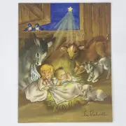 Vintage Greeting Card Christmas Eve Rockwell UNUSED Donkey Angel Jesus Manger