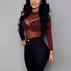 Sheer Burgundy Mesh Top Long Sleeve Shirt Sexy Mock Neck Soft Stretchy Red