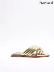 River Island Gold Padded Cross Strap Flat Mules (H47279) | $74