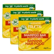 3PK Garnier Fructis 60g Shampoo Bar 2in1 Nourishing Cleanse Care For Dry Hair