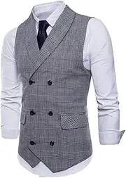 [HEYDHSDC] Men Vintage Formal Sleeveless Suit Vest Tweed Vest Spring Fall Double Breasted Waistcoat Light Gray Xxl
