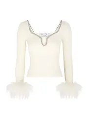 Self-portrait Feather-trimmed Ribbed-knit top - Off White - XL (UK16 / XL) XL (UK16 / XL)