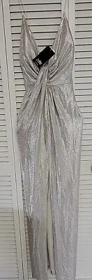 Aidan Mattox Champagne Silver Spaghetti strap V-Neck Colum Dress Gown SIZE 8