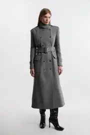 Premium Italian Manteco Wool Blend Belted Funnel Neck Tailored Maxi Coat