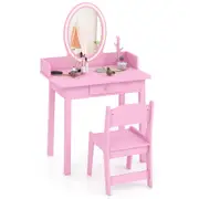 Costway Vanity Dressing Table Chair Set Makeup Beauty Study Desk w/2 Color Adjustable Lighted Mirror Pink