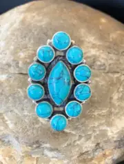 Blue Turquoise Navajo Sterling Silver Cluster Ring Size 10 12308