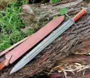 Custom Handmade Damascus Steel Full Tang 28'' Hunting Sword With Leather Sheath