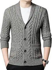 [Generic] Men's Cable Knit Slim Fit Cardigan Sweater Male Buttons Down Knit Sweater Shawl Collar Knit Cardigan for Men