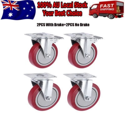 4 X 5" Heavy Duty Swivel Castor Castors Wheel 125mm 2 With Brake Wheels