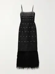 [Huishan Zhang] Huishan Zhang - Astra Feather-trimmed Crystal-embellished Cloqué Midi Dress - Black - UK 10 UK 10 Black