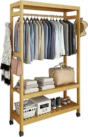 Fin Bamboo Clothes Rail Rack Garment Closet Storage Organizer Hanging Shelf On-Wheel