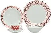 30 Piece Porcelain Dinner Set with Plates, Bowls and Mugs, White and Red