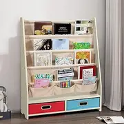 HONEY JOY Bookshelf for Kids, Wooden Children Display Bookcase Storage Organiser w/4 Shelves, 2 Toy Storage Boxes & 3 Bags, Toddler Book Rack for Classroom, Playroom, 70.5 x 28.5 x 86 cm (Beige)