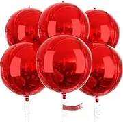 PartyWoo Red Balloons, 6 pcs Red Birthday Decorations, 22 inch Giant 4D Foil Balloons and Ribbon, Large Mylar Balloons, Metallic Red Balloons for Bachelorette Party, Bridal Shower