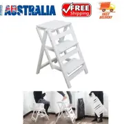 3 Step Ladder Wooden Folding Step Stool MultiPurpose Portable Stairs Chair