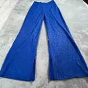 Nastygal Womens Wide Leg Split Hem Pants Sz 10 Flowy Festival Disco Crinkle Blue