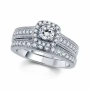 0.88 CT. T.W. Natural Diamond Cushion Frame Antique Vintage-Style Bridal Engagement Ring Set in Solid 14K White Gold
