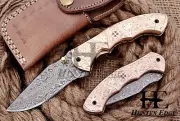 HUNTEX Handmade Damascus Blade, Engraved Brass Handle,100mm Skinner Pocket Knife