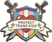 [Hokum and Snark] Protect Trans Kids Crossed Swords and Shield Trans Ally Pin | Support Trans Youth Transgender Rights Enamel Lapel Pin, Metal, no gemstone