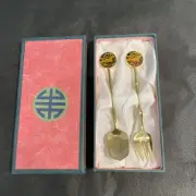 Vtg Decorative Enamel Top Korean Spoon And Fork Set, NEW