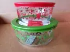 New Llama Falalalala Pyrex 4 Cup Bowl Light Green Lid & 2 Cup Bowl Red Lid