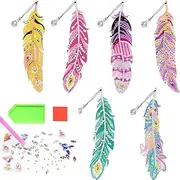 IKOPFLN 6 Piece Craft Set, Bookmarks with Diamond-Painted Feather, Diamond Painting Bookmark, Toy from 6 Years, Gifts for Girls