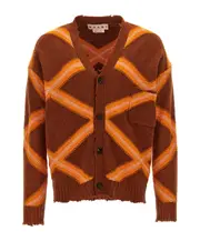 Marni Broken Macro Argyle Distressed Cardigan IT48 Brown