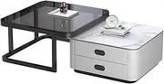 2-in-1 Square Nesting Coffee Table Set with Marble Effect and Tempered Glass Tops - Modern Accent Side End Table with 2 Drawers & Metal Frame - Couch Tables for Living Room Home Office,White+Black