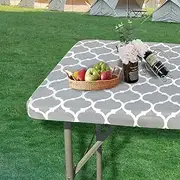 Rectangle Vinyl Fitted Tablecloth 100% Waterproof PVC Table Cover with Flannel Backing and Elastic Edge for Picnic, Patio and Indoor Outdoor, 30 X 72 Inch, Grey Moroccan