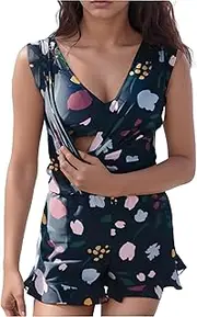 [JishinGal] Women's Plus Size One Piece Swimsuit Built-in Bra Detachable Cups Ruffled Sleeve Swim Romper Sexy Beach Bathing Suit