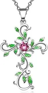 [Ｗoowayo] Cross Necklace for Women Charm Rose Gold Silver Christmas Tree Cross Pendant Green Leaf Wrap Crucifix Necklace Fashion Jewelry Gifts